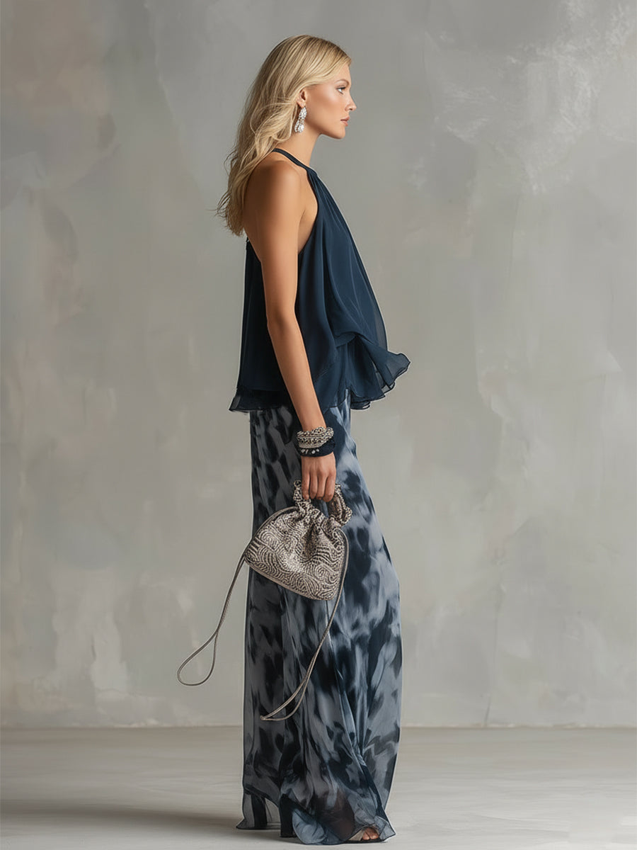 Ludovica | Top Halter Elegante Blu Navy e Set Pantaloni Ampi Stampati