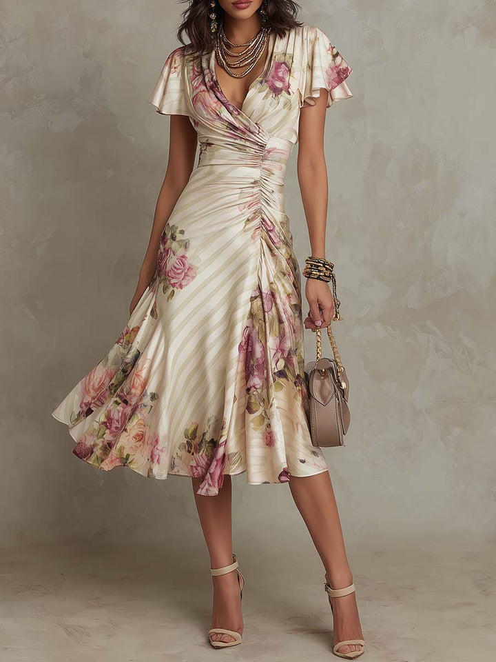 Alba | Elegante Abito Midi Drappeggiato a Fiori