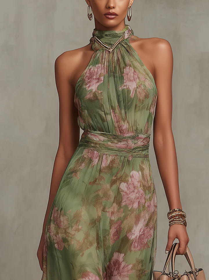 Elegante Abito Maxi in Chiffon con Scollo All'americana