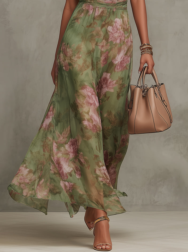 Elegante Abito Maxi in Chiffon con Scollo All'americana