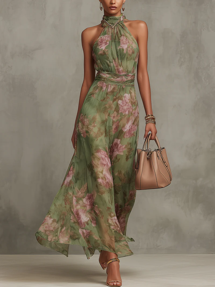 Elegante Abito Maxi in Chiffon con Scollo All'americana