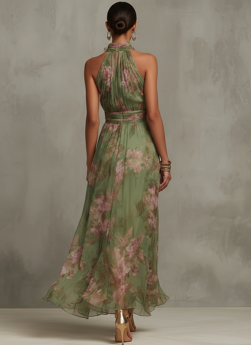 Elegante Abito Maxi in Chiffon con Scollo All'americana