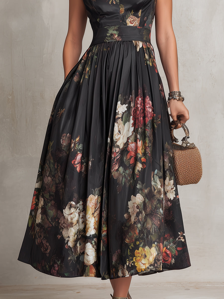 Violetta - Abito Midi Nero in Satin Pieghettato con Motivo Floreale e Scollatura a Chiave