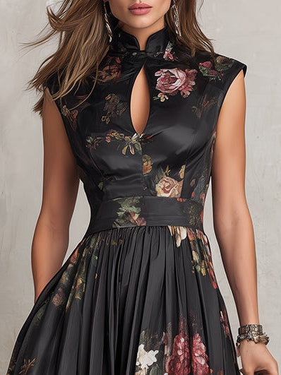 Violetta - Abito Midi Nero in Satin Pieghettato con Motivo Floreale e Scollatura a Chiave