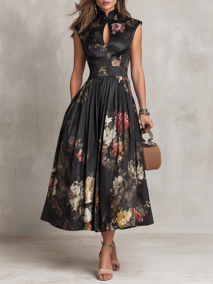 Violetta - Abito Midi Nero in Satin Pieghettato con Motivo Floreale e Scollatura a Chiave