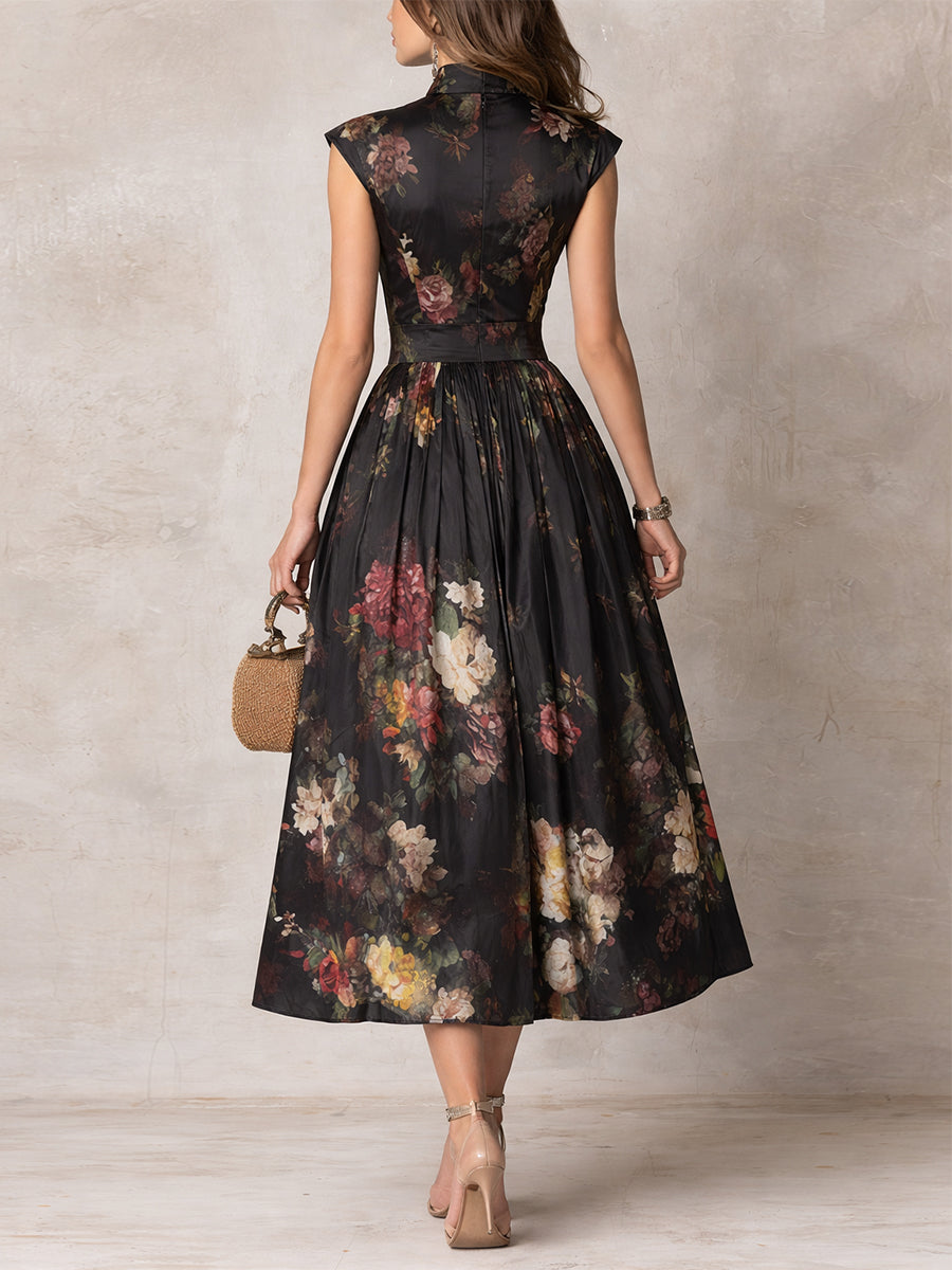 Violetta - Abito Midi Nero in Satin Pieghettato con Motivo Floreale e Scollatura a Chiave