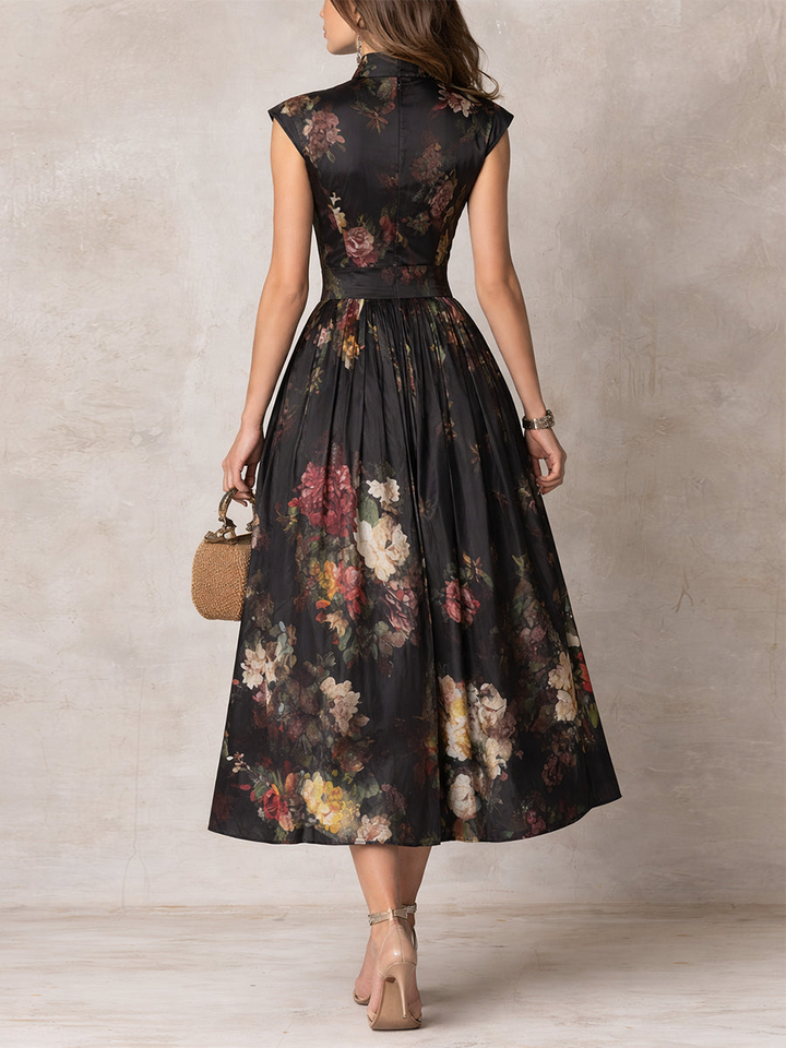 Violetta - Abito Midi Nero in Satin Pieghettato con Motivo Floreale e Scollatura a Chiave