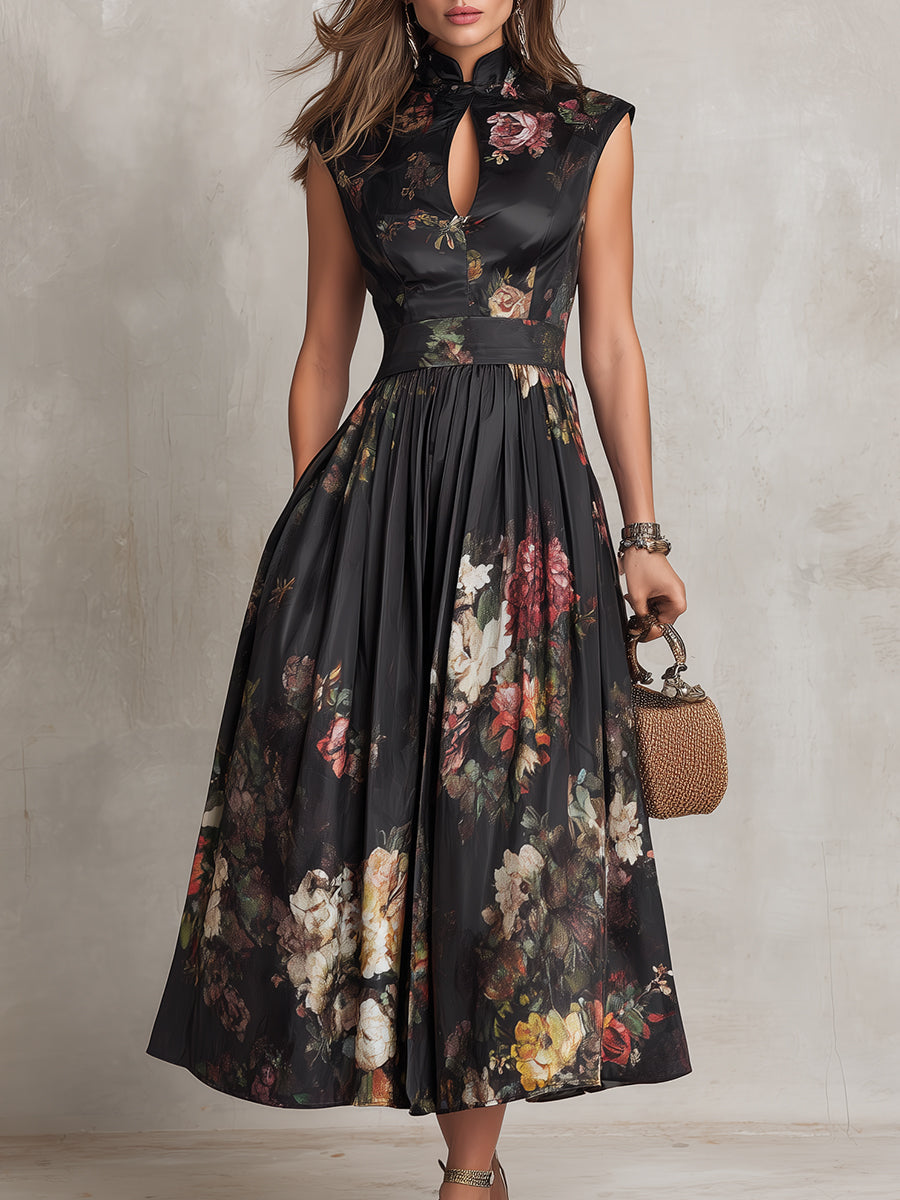 Violetta - Abito Midi Nero in Satin Pieghettato con Motivo Floreale e Scollatura a Chiave