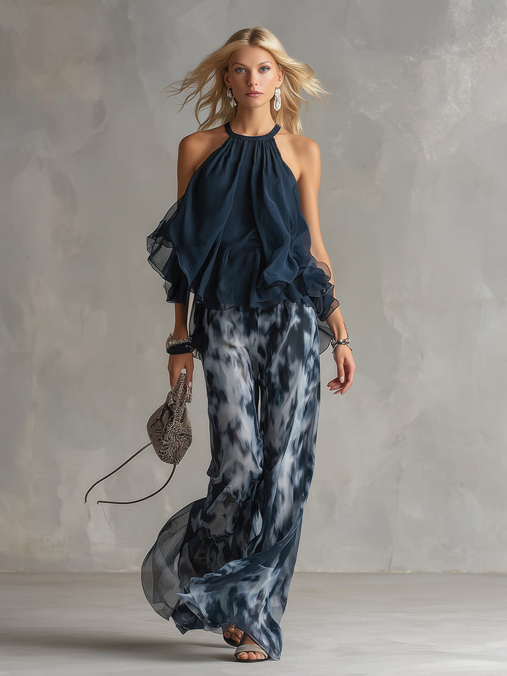 Ludovica | Top Halter Elegante Blu Navy e Set Pantaloni Ampi Stampati