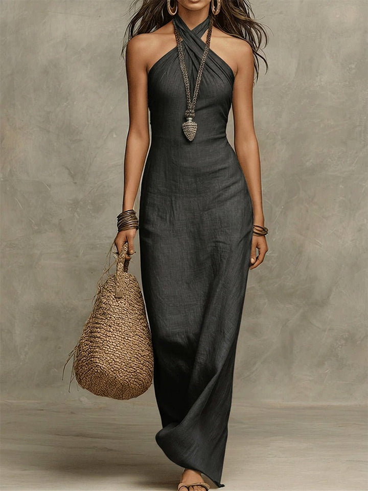 Avelina™ | Abito maxi con scollo all’americana, voluminoso, in cotone e lino
