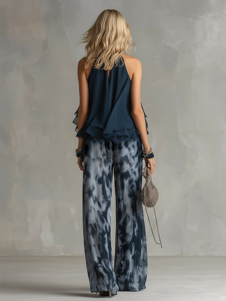 Ludovica | Top Halter Elegante Blu Navy e Set Pantaloni Ampi Stampati