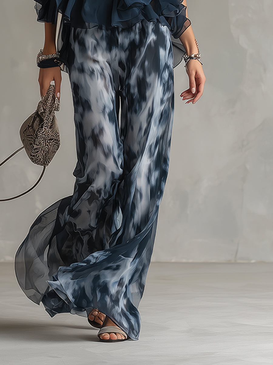 Ludovica | Top Halter Elegante Blu Navy e Set Pantaloni Ampi Stampati