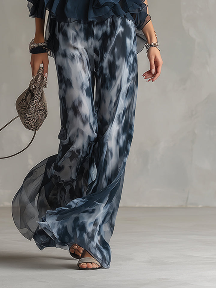 Ludovica | Top Halter Elegante Blu Navy e Set Pantaloni Ampi Stampati