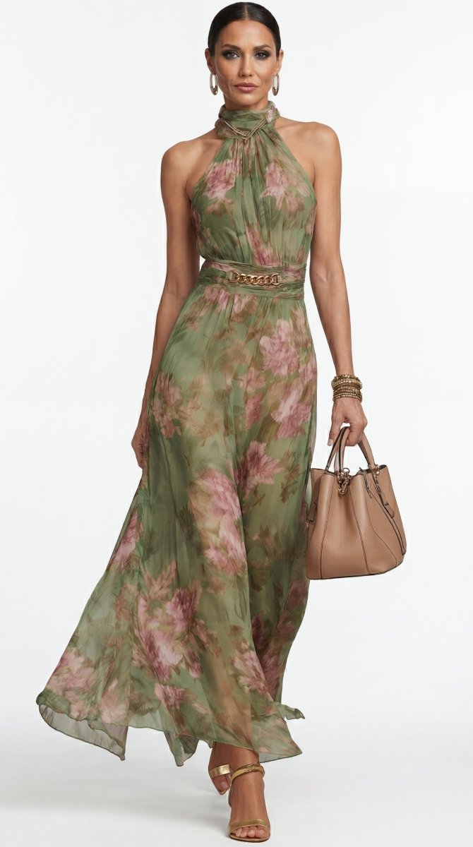 Livia : Elegante maxi abito floreale con cavezza
